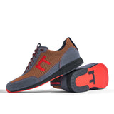 Laufschuh Runnertune Pace Colors – orangebraunes Mesh und graues Velour, schwarze Sohle – Paaransicht mit Laufsohle