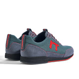 Laufschuh Runnertune Pace Colors – petrolfarbenes Mesh und graues Velour, schwarze Sohle – Paaransicht schräg von hinten