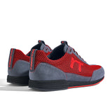 Laufschuh Runnertune Pace Colors – rotes Mesh und graues Velour, schwarze Sohle – Paaransicht schräg von hinten