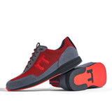 Laufschuh Runnertune Pace Colors – rotes Mesh und graues Velour, schwarze Sohle – Paaransicht mit Laufsohle