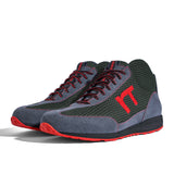 High-Top Laufschuh Runnertune X-Pace Colors – dunkelgrünes Mesh und graues Velour, schwarze Sohle – Paaransicht schräg von vorn