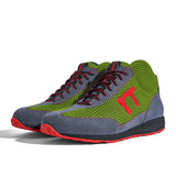 High-Top Laufschuh Runnertune X-Pace Colors – hellgrünes Mesh und graues Velour, schwarze Sohle – Paaransicht schräg von vorn