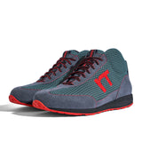High-Top Laufschuh Runnertune X-Pace Colors – petrolfarbenes Mesh und graues Velour, schwarze Sohle – Paaransicht schräg von vorn