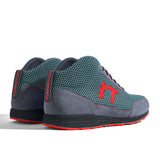 High-Top Laufschuh Runnertune X-Pace Colors – petrolfarbenes Mesh und graues Velour, schwarze Sohle – Paaransicht schräg von hinten