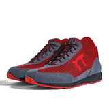 High-Top Laufschuh Runnertune X-Pace Colors – rotes Mesh und graues Velour, schwarze Sohle – Paaransicht schräg von vorn
