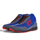 High-Top Laufschuh Runnertune X-Pace Colors – royalblaues Mesh und graues Velour, schwarze Sohle – Paaransicht schräg von vorn