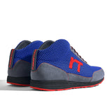 High-Top Laufschuh Runnertune X-Pace Colors – royalblaues Mesh und graues Velour, schwarze Sohle – Paaransicht schräg von hinten