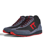 High-Top Laufschuh Runnertune X-Pace Colors – schwarzes Mesh und graues Velour, schwarze Sohle – Paaransicht schräg von vorn