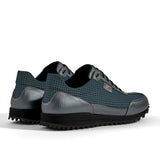 Golfschuh VitalloFlex Pro Hybrid – blaues Pepita-Textil und graues Carbon, schwarze Sohle – Paaransicht schräg von hinten