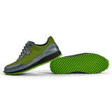 Golfschuh VitalloFlex Pro Hybrid – hellgrünes Pepita-Textil und graues Carbon, schwarze Sohle – Paaransicht mit Laufsohle