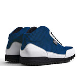 High-Top Golfschuh VitalloFlex Pro Hybrid HT – kornblaues Pepita-Textil und weißes Carbon, schwarze Sohle – Paaransicht schräg von hinten