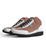 High-Top Golfschuh VitalloFlex Pro Hybrid HT – rosa Pepita-Textil und weißes Carbon, schwarze Sohle – Paaransicht schräg von vorn