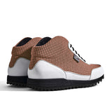 High-Top Golfschuh VitalloFlex Pro Hybrid HT – rosa Pepita-Textil und weißes Carbon, schwarze Sohle – Paaransicht schräg von hinten