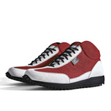 High-Top Golfschuh VitalloFlex Pro Hybrid HT – rotes Pepita-Textil und weißes Carbon, schwarze Sohle – Paaransicht schräg von vorn