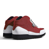 High-Top Golfschuh VitalloFlex Pro Hybrid HT – rotes Pepita-Textil und weißes Carbon, schwarze Sohle – Paaransicht schräg von hinten