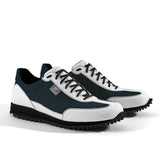 Golfschuh VitalloFlex Pro Hybrid – dunkelblaues Pepita-Textil und weißes Carbon, schwarze Sohle – Paaransicht schräg von vorn