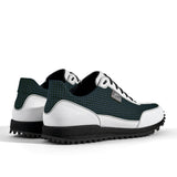 Golfschuh VitalloFlex Pro Hybrid – dunkelblaues Pepita-Textil und weißes Carbon, schwarze Sohle – Paaransicht schräg von hinten
