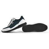 Golfschuh VitalloFlex Pro Hybrid – dunkelblaues Pepita-Textil und weißes Carbon, schwarze Sohle – Paaransicht mit Laufsohle