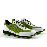 Golfschuh VitalloFlex Pro Hybrid – hellgrünes Pepita-Textil und weißes Carbon, schwarze Sohle – Paaransicht schräg von vorn