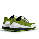 Golfschuh VitalloFlex Pro Hybrid – hellgrünes Pepita-Textil und weißes Carbon, schwarze Sohle – Paaransicht schräg von hinten