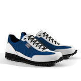 Golfschuh VitalloFlex Pro Hybrid – kornblaues Pepita-Textil und weißes Carbon, schwarze Sohle – Paaransicht schräg von vorn
