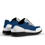 Golfschuh VitalloFlex Pro Hybrid – kornblaues Pepita-Textil und weißes Carbon, schwarze Sohle – Paaransicht schräg von hinten