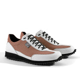 Golfschuh VitalloFlex Pro Hybrid – rosa Pepita-Textil und weißes Carbon, schwarze Sohle – Paaransicht schräg von vorn