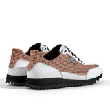 Golfschuh VitalloFlex Pro Hybrid – rosa Pepita-Textil und weißes Carbon, schwarze Sohle – Paaransicht schräg von hinten