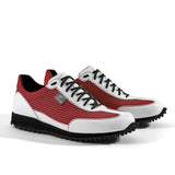 Golfschuh VitalloFlex Pro Hybrid – rotes Pepita-Textil und weißes Carbon, schwarze Sohle – Paaransicht schräg von vorn