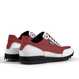 Golfschuh VitalloFlex Pro Hybrid – rotes Pepita-Textil und weißes Carbon, schwarze Sohle – Paaransicht schräg von hinten