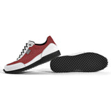 Golfschuh VitalloFlex Pro Hybrid – rotes Pepita-Textil und weißes Carbon, schwarze Sohle – Paaransicht mit Laufsohle