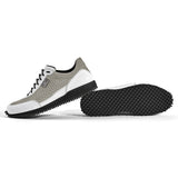 Golfschuh VitalloFlex Pro Hybrid – weißes Pepita-Textil und weißes Carbon, schwarze Sohle – Paaransicht mit Laufsohle