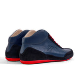 High-Top Sneaker VitalloFlex Puro RSR – blaues Nappaleder und schwarzes Rauleder, rote Sohle – Paaransicht schräg von hinten
