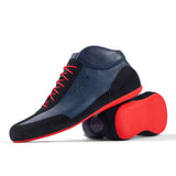 High-Top Sneaker VitalloFlex Puro RSR – blaues Nappaleder und schwarzes Rauleder, rote Sohle – Paaransicht mit Laufsohle