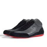 High-Top Sneaker VitalloFlex Puro RSR – graues Nappaleder und schwarzes Rauleder, rote Sohle – Paaransicht schräg von vorn