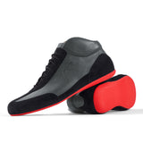 High-Top Sneaker VitalloFlex Puro RSR – graues Nappaleder und schwarzes Rauleder, rote Sohle – Paaransicht mit Laufsohle