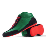 High-Top Sneaker VitalloFlex Puro RSR – grünes Nappaleder und schwarzes Rauleder, rote Sohle – Paaransicht mit Laufsohle