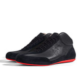 High-Top Sneaker VitalloFlex Puro RSR – schwarzes Nappaleder und schwarzes Rauleder, rote Sohle – Paaransicht schräg von vorn