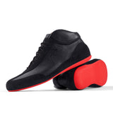 High-Top Sneaker VitalloFlex Puro RSR – schwarzes Nappaleder und schwarzes Rauleder, rote Sohle – Paaransicht mit Laufsohle