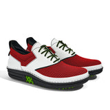 Golfschuh VitalloFlex Quantum Stinger – rotes Mesh und weißes Carbon, schwarze Sohle – Paaransicht schräg von vorn