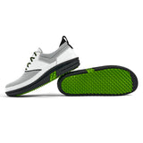 Golfschuh VitalloFlex Quantum Stinger – weißes Mesh und weißes Carbon, schwarze Sohle – Paaransicht mit Laufsohle