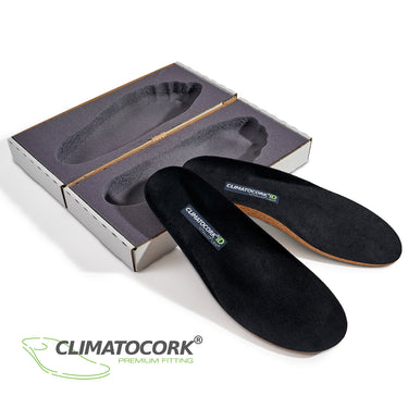Angepasstes Fußbett Climatocork Premium Fitting – Textilbezug schwarz – Paaransicht von oben mit Measuring-Kit