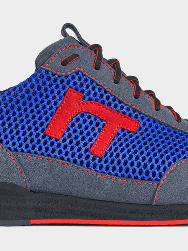 Laufschuh Runnertune Pace Colors – royalblaues Mesh und graues Velour, schwarze Sohle – Einzelansicht von der Seite