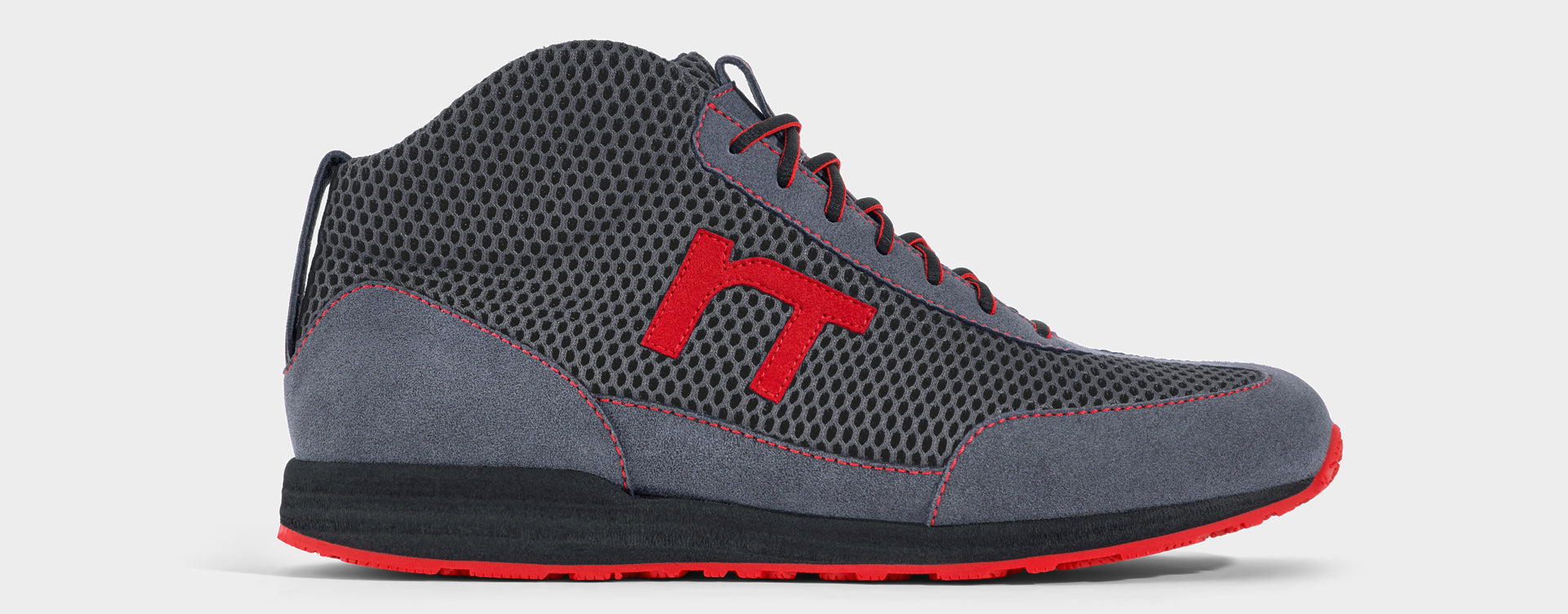 High-Top Laufschuh Runnertune X-Pace Colors – dunkelgraues Mesh und graues Velour, schwarze Sohle – Einzelansicht von der Seite