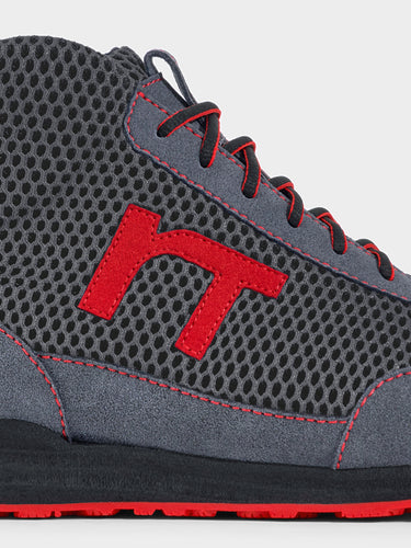 High-Top Laufschuh Runnertune X-Pace Colors – dunkelgraues Mesh und graues Velour, schwarze Sohle – Einzelansicht von der Seite