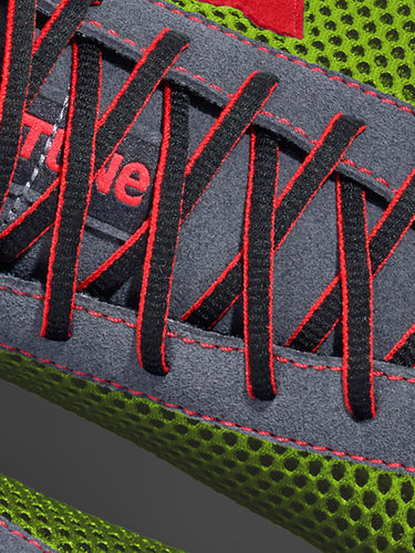 High-Top Laufschuh Runnertune X-Pace Colors – hellgrünes Mesh und graues Velour, schwarze Sohle – Paaransicht von oben