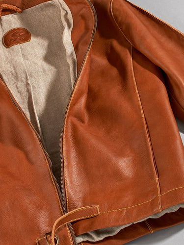 Maßgefertigte Vitallo Lederjacke – braunes Pull-Up-Leder mit gelben Akzenten – Ansicht von oben