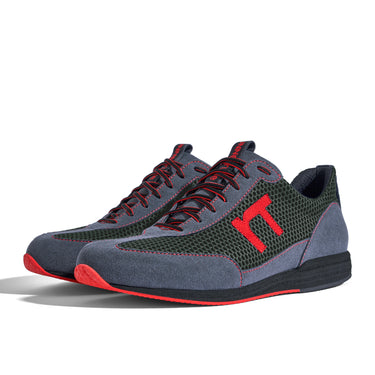 Laufschuh Runnertune Pace Colors – dunkelgrünes Mesh und graues Velour, schwarze Sohle – Paaransicht schräg von vorn