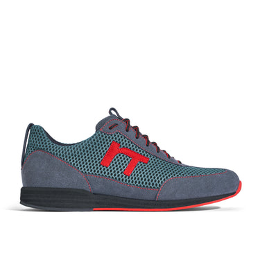Laufschuh Runnertune Pace Colors – petrolfarbenes Mesh und graues Velour, schwarze Sohle – Einzelansicht von der Seite