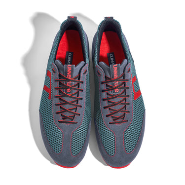 Laufschuh Runnertune Pace Colors – petrolfarbenes Mesh und graues Velour, schwarze Sohle – Paaransicht von oben